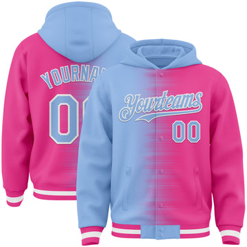Custom Light Blue Pink-White Gradient Line Bomber Full-Snap Varsity Letterman Hoodie Jacket