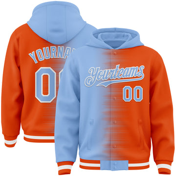 Custom Light Blue Orange-White Gradient Line Bomber Full-Snap Varsity Letterman Hoodie Jacket