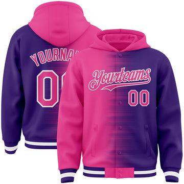 Custom Pink Purple-White Gradient Line Bomber Full-Snap Varsity Letterman Hoodie Jacket