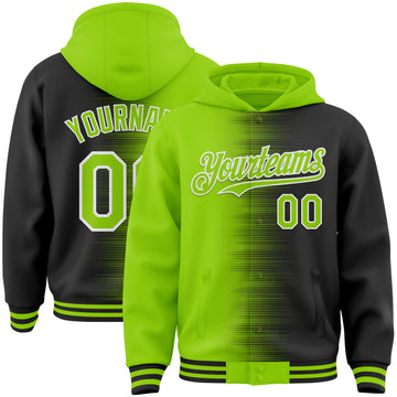 Custom Neon Green Black-White Gradient Line Bomber Full-Snap Varsity Letterman Hoodie Jacket