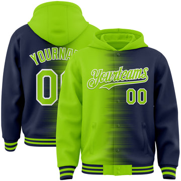 Custom Neon Green Navy-White Gradient Line Bomber Full-Snap Varsity Letterman Hoodie Jacket