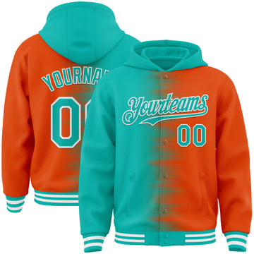 Custom Aqua Orange-White Gradient Line Bomber Full-Snap Varsity Letterman Hoodie Jacket