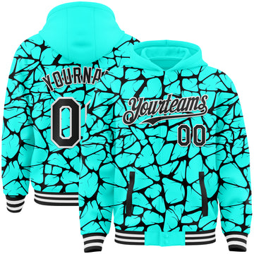Custom Aqua Black-White Abstract Network 3D Pattern Design Bomber Full-Snap Varsity Letterman Hoodie Jacket