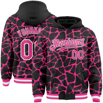 Custom Black Pink-White Abstract Network 3D Pattern Design Bomber Full-Snap Varsity Letterman Hoodie Jacket