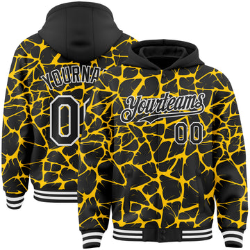 Custom Black Yellow-White Abstract Network 3D Pattern Design Bomber Full-Snap Varsity Letterman Hoodie Jacket