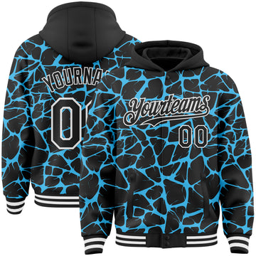 Custom Black Sky Blue-White Abstract Network 3D Pattern Design Bomber Full-Snap Varsity Letterman Hoodie Jacket