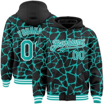 Custom Black Aqua-White Abstract Network 3D Pattern Design Bomber Full-Snap Varsity Letterman Hoodie Jacket