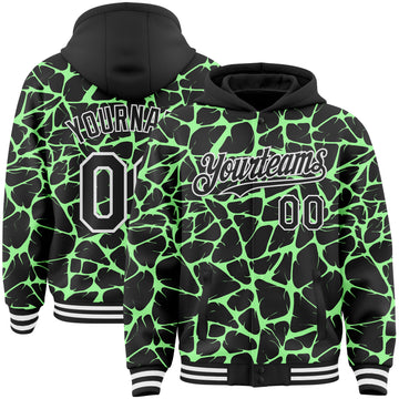 Custom Black Pea Green-White Abstract Network 3D Pattern Design Bomber Full-Snap Varsity Letterman Hoodie Jacket