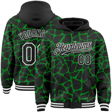 Custom Black Grass Green-White Abstract Network 3D Pattern Design Bomber Full-Snap Varsity Letterman Hoodie Jacket