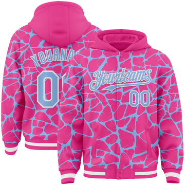Custom Pink Light Blue-White Abstract Network 3D Pattern Design Bomber Full-Snap Varsity Letterman Hoodie Jacket