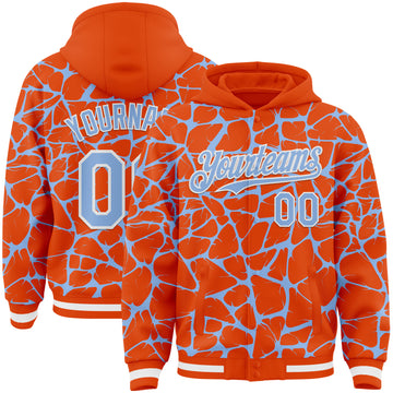 Custom Orange Light Blue-White Abstract Network 3D Pattern Design Bomber Full-Snap Varsity Letterman Hoodie Jacket