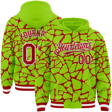 Custom Neon Green Red-White Abstract Network 3D Pattern Design Bomber Full-Snap Varsity Letterman Hoodie Jacket