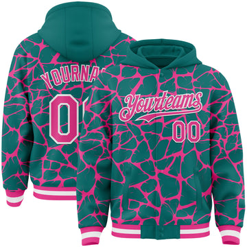 Custom Teal Pink-White Abstract Network 3D Pattern Design Bomber Full-Snap Varsity Letterman Hoodie Jacket