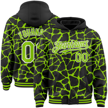 Custom Black Neon Green-White Abstract Network 3D Pattern Design Bomber Full-Snap Varsity Letterman Hoodie Jacket