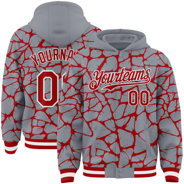 Custom Gray Red-White Abstract Network 3D Pattern Design Bomber Full-Snap Varsity Letterman Hoodie Jacket