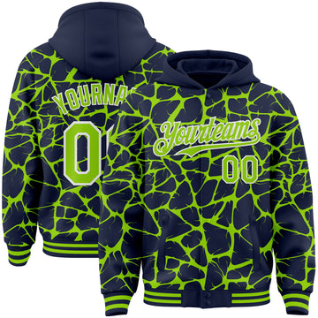 Custom Navy Neon Green-White Abstract Network 3D Pattern Design Bomber Full-Snap Varsity Letterman Hoodie Jacket