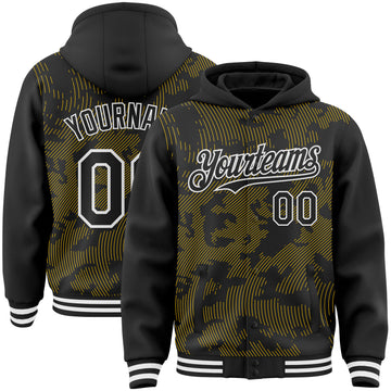 Custom Black Yellow-White Curve Lines 3D Pattern Design Bomber Full-Snap Varsity Letterman Hoodie Jacket