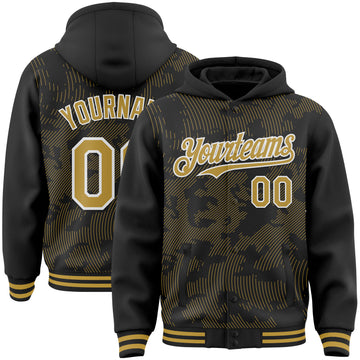 Custom Black Old Gold-White Curve Lines 3D Pattern Design Bomber Full-Snap Varsity Letterman Hoodie Jacket