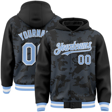 Custom Black Light Blue-White Curve Lines 3D Pattern Design Bomber Full-Snap Varsity Letterman Hoodie Jacket