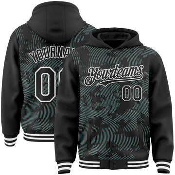 Custom Black Ice Blue-White Curve Lines 3D Pattern Design Bomber Full-Snap Varsity Letterman Hoodie Jacket