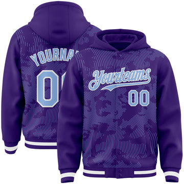 Custom Purple Light Blue-White Curve Lines 3D Pattern Design Bomber Full-Snap Varsity Letterman Hoodie Jacket