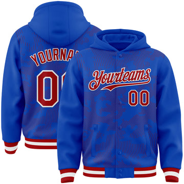 Custom Thunder Blue Red-White Curve Lines 3D Pattern Design Bomber Full-Snap Varsity Letterman Hoodie Jacket