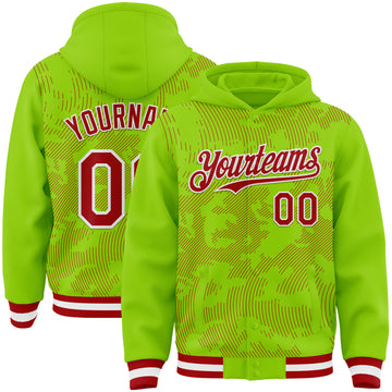 Custom Neon Green Red-White Curve Lines 3D Pattern Design Bomber Full-Snap Varsity Letterman Hoodie Jacket