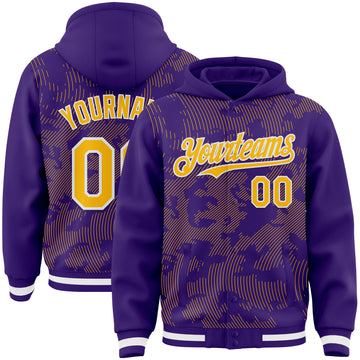 Custom Purple Gold-White Curve Lines 3D Pattern Design Bomber Full-Snap Varsity Letterman Hoodie Jacket