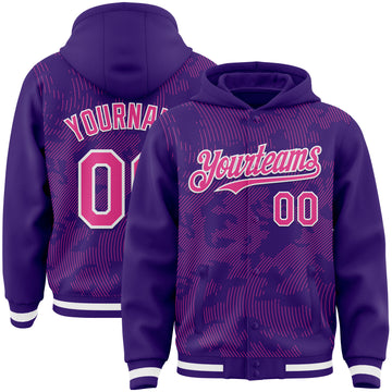 Custom Purple Pink-White Curve Lines 3D Pattern Design Bomber Full-Snap Varsity Letterman Hoodie Jacket