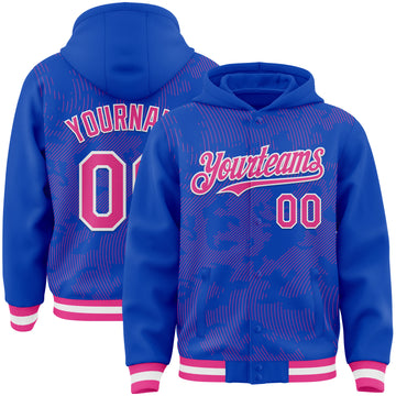 Custom Thunder Blue Pink-White Curve Lines 3D Pattern Design Bomber Full-Snap Varsity Letterman Hoodie Jacket