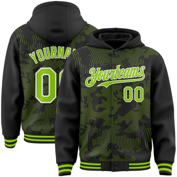 Custom Black Neon Green-White Curve Lines 3D Pattern Design Bomber Full-Snap Varsity Letterman Hoodie Jacket