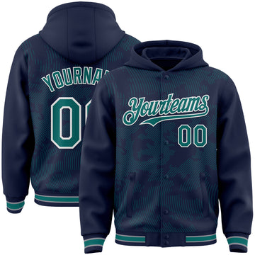 Custom Navy Teal-White Curve Lines 3D Pattern Design Bomber Full-Snap Varsity Letterman Hoodie Jacket