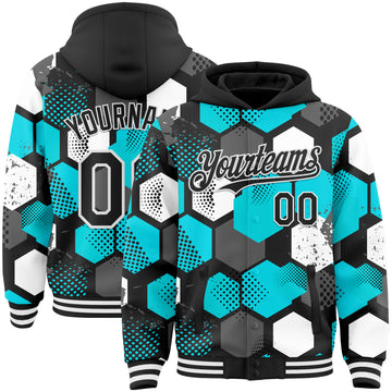 Custom Black Teal-White Geometric Shape 3D Pattern Design Bomber Full-Snap Varsity Letterman Hoodie Jacket