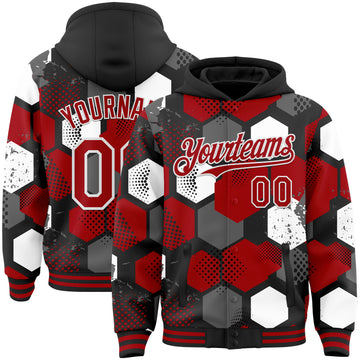 Custom Black Red-White Geometric Shape 3D Pattern Design Bomber Full-Snap Varsity Letterman Hoodie Jacket