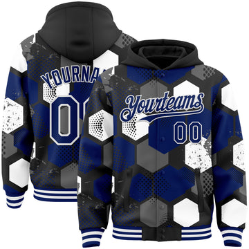 Custom Black Royal-White Geometric Shape 3D Pattern Design Bomber Full-Snap Varsity Letterman Hoodie Jacket