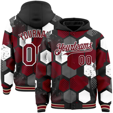Custom Black Crimson-White Geometric Shape 3D Pattern Design Bomber Full-Snap Varsity Letterman Hoodie Jacket