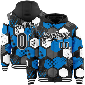 Custom Black Powder Blue-White Geometric Shape 3D Pattern Design Bomber Full-Snap Varsity Letterman Hoodie Jacket