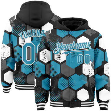 Custom Black Panther Blue-White Geometric Shape 3D Pattern Design Bomber Full-Snap Varsity Letterman Hoodie Jacket