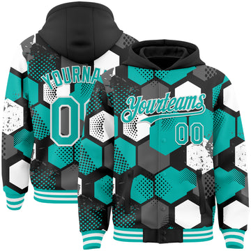 Custom Black Aqua-White Geometric Shape 3D Pattern Design Bomber Full-Snap Varsity Letterman Hoodie Jacket