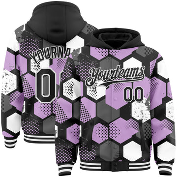 Custom Black Light Purple-White Geometric Shape 3D Pattern Design Bomber Full-Snap Varsity Letterman Hoodie Jacket