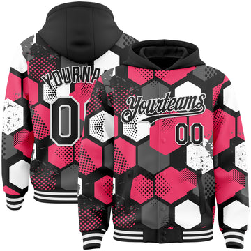Custom Black Neon Pink-White Geometric Shape 3D Pattern Design Bomber Full-Snap Varsity Letterman Hoodie Jacket