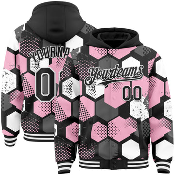 Custom Black Light Pink-White Geometric Shape 3D Pattern Design Bomber Full-Snap Varsity Letterman Hoodie Jacket