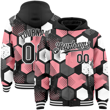 Custom Black Medium Pink-White Geometric Shape 3D Pattern Design Bomber Full-Snap Varsity Letterman Hoodie Jacket