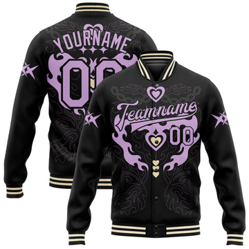 Custom Black Light Purple-Cream Gothic Y2K 3D Pattern Design Bomber Full-Snap Varsity Letterman Jacket