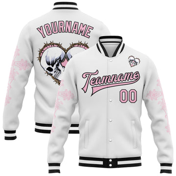 Custom White Light Pink-Black Gothic Crosses Skull 3D Pattern Design Bomber Full-Snap Varsity Letterman Jacket