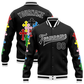 Custom Black White Gothic Chromatic Crosses 3D Pattern Design Bomber Full-Snap Varsity Letterman Jacket