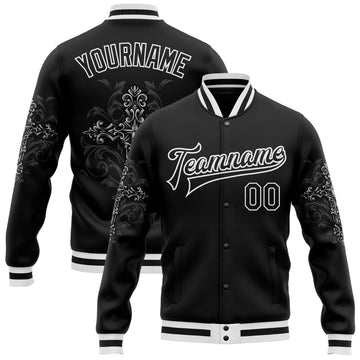 Custom Black White Gothic Crosses 3D Pattern Design Bomber Full-Snap Varsity Letterman Jacket
