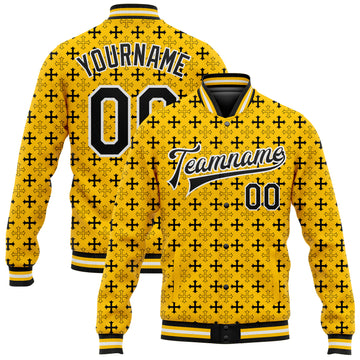 Custom Gold Black-White Gothic Crosses 3D Pattern Design Bomber Full-Snap Varsity Letterman Jacket