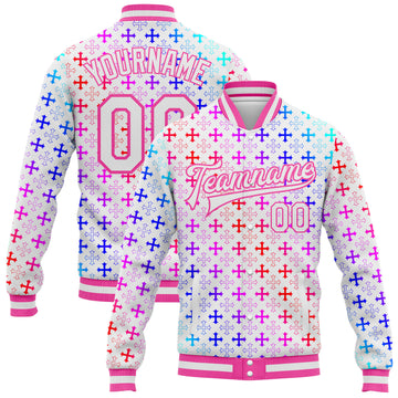Custom White Pink Gothic Gradient Crosses 3D Pattern Design Bomber Full-Snap Varsity Letterman Jacket