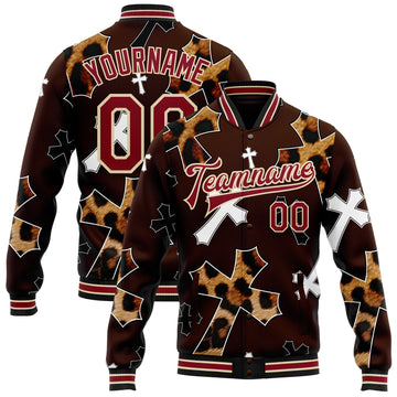 Custom Brown Crimson City Cream-Black Gothic Leopard Print Crosses 3D Pattern Design Bomber Full-Snap Varsity Letterman Jacket